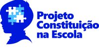 Logotipo do projeto Constituição na Escola - Uma cabeça azul, com peças de quebra-cabeça dentro e o texto Constituição na Escola